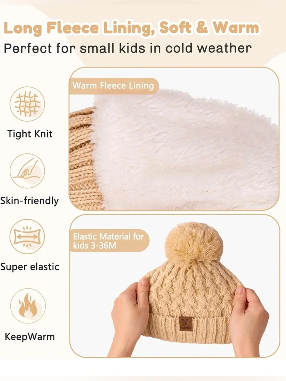 Kids Pom Cable-Knit Beanie Hat - Cream & Black (2)